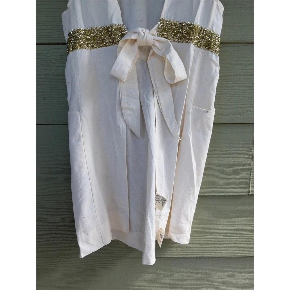 Anthropologie Home Off White Clemence Collared Metallic Sparkle Apron NEW NWT
